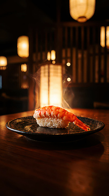 JPG 편집이미지 음식 조명 새우 일본 식사 초밥 맛 저녁 새우초밥 일본음식 편집실사 AI컴퓨터그래픽 AI콘텐츠 아시아 컨셉 갑각류 밤 야간 CG 파일형식