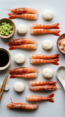 JPG 편집이미지 접시 음식 밥 새우 요리 신선 고추냉이 해산물 간장 일렬 생강 새우초밥 일본음식 편집실사 AI포토 AI콘텐츠 식기 채소 갑각류 초밥 양념 CG 파일형식