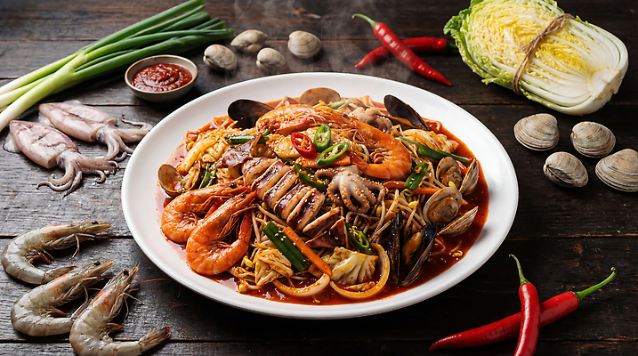 JPG 편집이미지 음식 채소 고추 양파 조개 새우 어류 식사 맛 해산물 오징어 해물찜 편집실사 AI포토 AI콘텐츠 컨셉 어패류 연체동물 갑각류 수중동물 CG 찜 파일형식