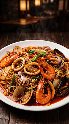 JPG 편집이미지 음식 식사 해물요리 맛 저녁 해산물 매움 볶음 해물찜 편집실사 AI컴퓨터그래픽 AI콘텐츠 컨셉 밤 야간 CG 찜 파일형식