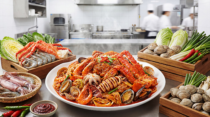 JPG 편집이미지 채소 조개 새우 요리 주방 식사 신선 해산물 대게 해물찜 편집실사 AI컴퓨터그래픽 AI콘텐츠 어패류 갑각류 게 CG 찜 파일형식