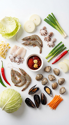 JPG 편집이미지 음식 채소 식재료 고추 양파 조개 새우 요리 당근 해산물 오징어 양배추 파 해물찜 편집실사 AI포토 AI콘텐츠 어패류 연체동물 뿌리채소 갑각류 수중동물 CG 찜 파일형식