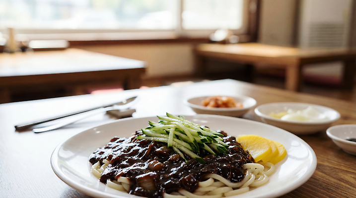 JPG 편집이미지 음식 탁자 오이 레스토랑 식사 공간 면류 짜장면 점심 편집실사 AI포토 AI콘텐츠 가구 채소 중식 식당 CG 파일형식