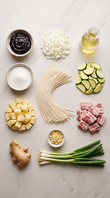 JPG 편집이미지 재료 호박 양파 감자 돼지고기 요리 식사 면류 짜장면 설탕 준비 파 생강 편집실사 AI포토 AI콘텐츠 음식 채소 육류 중식 CG 파일형식