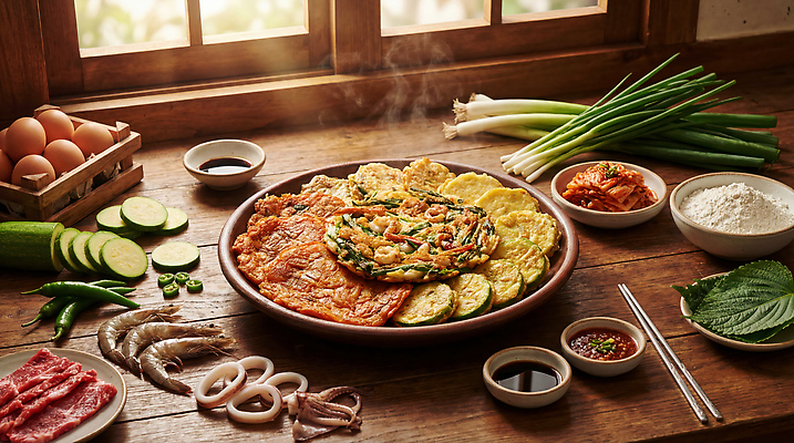 JPG 편집이미지 한식 채소 재료 식탁 김치 육류 요리 계란 식사 전통음식 전 해산물 간장 김치전 모듬전 해물파전 애호박전 편집실사 AI포토 AI콘텐츠 전통 음식 식재료 탁자 알 양념 CG 파전 호박전 파일형식