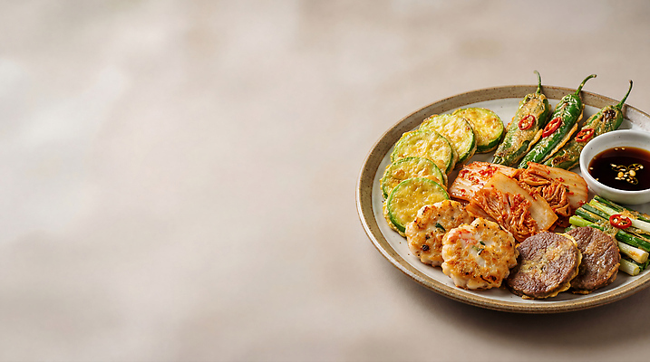 JPG 편집이미지 접시 채소 김치 한국 육류 식사 전통음식 맛 동그랑땡 모듬전 육전 애호박전 고추전 편집실사 AI포토 AI콘텐츠 전통 식기 아시아 한식 음식 컨셉 식재료 전 CG 호박전 파일형식