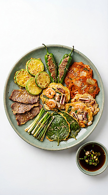 JPG 편집이미지 접시 한식 음식 채소 고추 한국 맛 전 애호박 김치전 모듬전 육전 해물파전 애호박전 고추전 깻잎전 편집실사 AI포토 AI콘텐츠 식기 아시아 컨셉 호박 CG 파전 호박전 파일형식