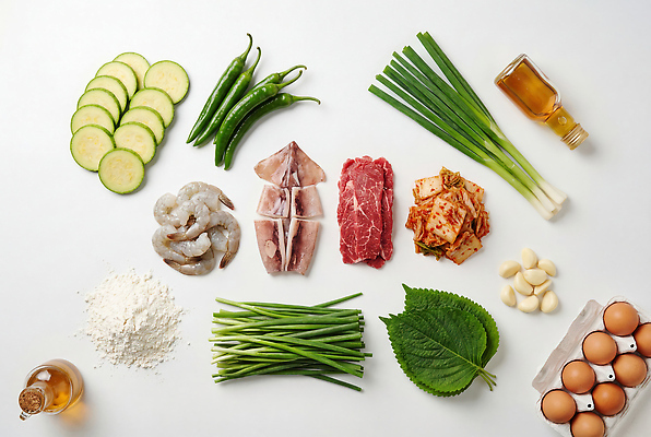 JPG 편집이미지 채소 식재료 재료 고추 김치 새우 육류 요리 계란 해산물 오징어 대파 모듬전 편집실사 AI포토 AI콘텐츠 한식 연체동물 갑각류 알 수중동물 전 CG 파 파일형식