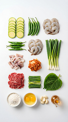 JPG 편집이미지 채소 재료 고추 김치 새우 마늘 육류 요리 계란 해산물 오징어 밀가루 모듬전 편집실사 AI포토 AI콘텐츠 한식 식재료 연체동물 갑각류 알 수중동물 전 가루 CG 파일형식