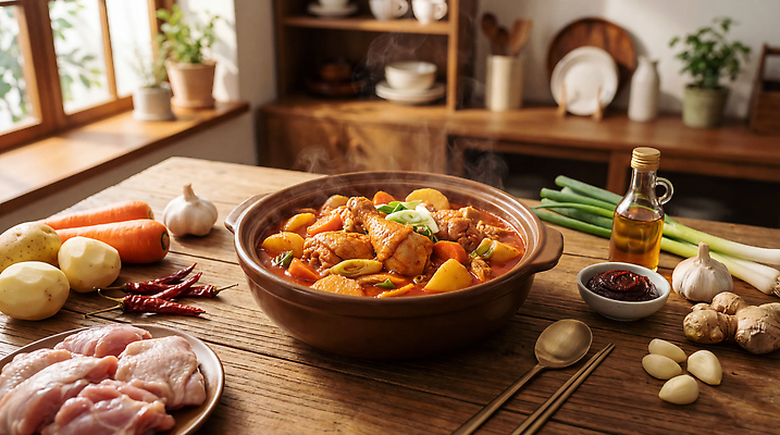 JPG 편집이미지 한식 채소 재료 식탁 감자 마늘 육류 주방 당근 생강 대파 닭볶음탕 편집실사 AI포토 AI콘텐츠 음식 식재료 탁자 뿌리채소 CG 파 닭고기요리 파일형식