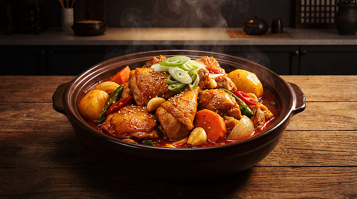 JPG 편집이미지 그릇 음식 채소 양파 감자 마늘 요리 주방 닭고기 당근 맛 스튜 닭볶음탕 편집실사 AI포토 AI콘텐츠 식기 컨셉 뿌리채소 육류 CG 닭고기요리 파일형식