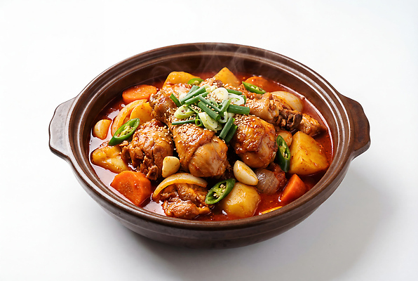 JPG 편집이미지 한식 음식 채소 고추 감자 한국 마늘 당근 뜨거움 국물 닭볶음탕 편집실사 AI포토 AI콘텐츠 아시아 뿌리채소 CG 닭고기요리 파일형식