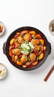 JPG 편집이미지 한식 음식 고추 반찬 양파 감자 닭고기 볶음 대파 닭볶음탕 편집실사 AI포토 AI콘텐츠 채소 육류 CG 파 닭고기요리 파일형식