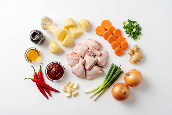 JPG 편집이미지 재료 고추 양파 감자 마늘 요리 닭고기 당근 양념 식용유 준비 간장 파 생강 닭볶음탕 편집실사 AI포토 AI콘텐츠 채소 뿌리채소 육류 기름_음식 CG 닭고기요리 파일형식