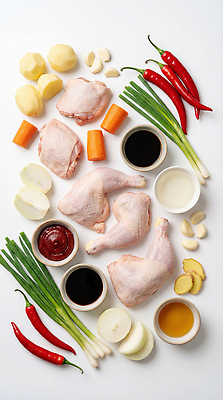 JPG 편집이미지 재료 고추 양파 감자 마늘 요리 닭고기 당근 고추장 간장 생강 쪽파 닭볶음탕 편집실사 AI포토 AI콘텐츠 채소 뿌리채소 육류 양념 CG 파 닭고기요리 파일형식