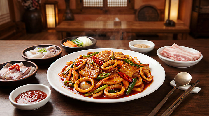 JPG 편집이미지 전통 한식 고추 탁자 반찬 한국 요리 맛 해산물 오징어 준비 오삼불고기 편집실사 AI포토 AI콘텐츠 아시아 음식 가구 컨셉 채소 연체동물 수중동물 CG 불고기 파일형식