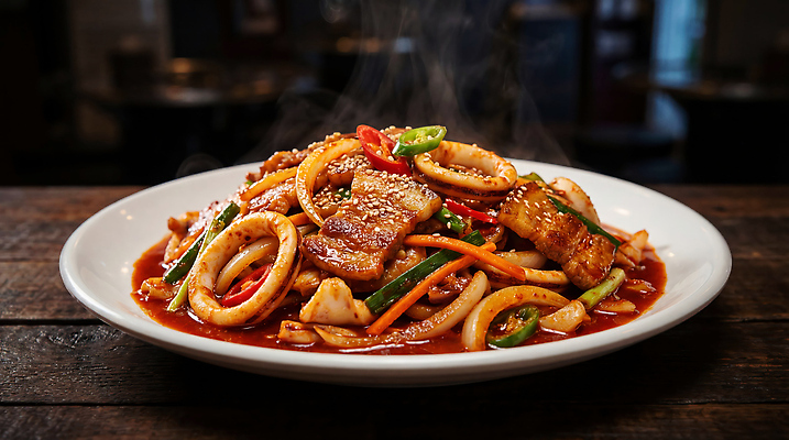 JPG 편집이미지 접시 한식 음식 채소 고추 식당 연기 맛 해산물 오삼불고기 편집실사 AI포토 AI콘텐츠 식기 컨셉 상점 CG 불고기 파일형식