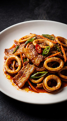 JPG 편집이미지 접시 한식 음식 채소 재료 돼지고기 양념 맛 오징어 볶음 오삼불고기 편집실사 AI포토 AI콘텐츠 식기 컨셉 연체동물 육류 수중동물 CG 불고기 파일형식