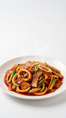 JPG 편집이미지 접시 한식 음식 채소 재료 고추 양파 육류 볶음 오삼불고기 편집실사 AI포토 AI콘텐츠 식기 식재료 CG 불고기 파일형식