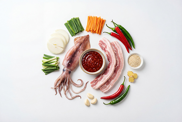 JPG 편집이미지 한식 채소 식재료 재료 고추 마늘 육류 요리 양념 해산물 오징어 삼겹살 생강 먹거리 오삼불고기 편집실사 AI포토 AI콘텐츠 음식 연체동물 돼지고기 수중동물 CG 불고기 파일형식