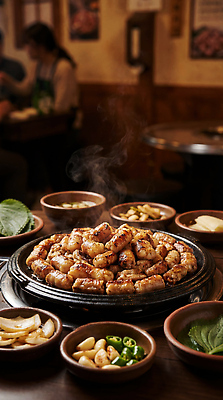 JPG 편집이미지 한식 음식 반찬 육류 요리 여러명 식당 저녁식사 연기 맛 그릴 구이 곱창 편집실사 AI포토 AI콘텐츠 다수 컨셉 식재료 주방용품 사람 상점 식사 CG 파일형식