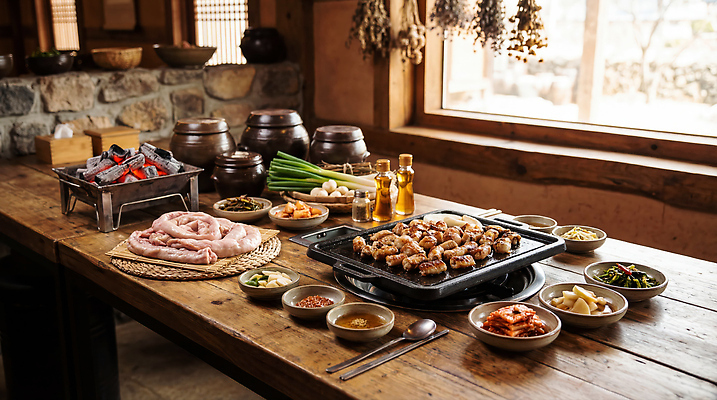 JPG 편집이미지 한식 채소 탁자 반찬 육류 요리 식사 숯 곱창 편집실사 AI포토 AI콘텐츠 음식 가구 식재료 CG 파일형식