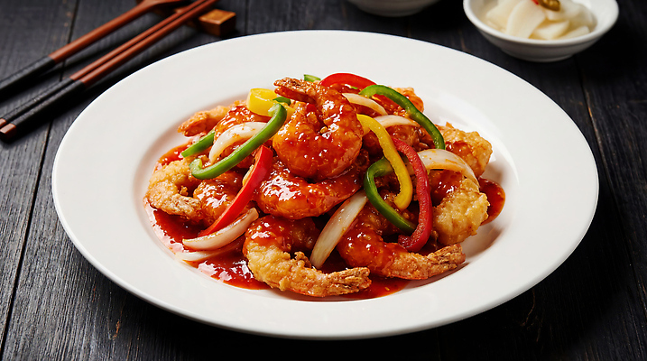 JPG 편집이미지 접시 음식 채소 양파 피망 새우 중식 레스토랑 식사 볶음 칠리새우 편집실사 AI포토 AI콘텐츠 식기 갑각류 식당 CG 파일형식