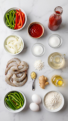 JPG 편집이미지 음식 식재료 양파 새우 요리 중식 계란 식용유 밀가루 생강 칠리새우 편집실사 AI포토 AI콘텐츠 채소 갑각류 알 기름_음식 가루 CG 파일형식