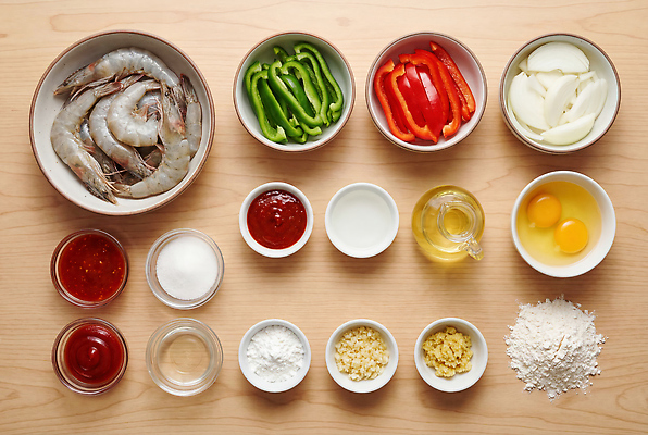 JPG 편집이미지 채소 재료 피망 새우 마늘 요리 중식 계란 설탕 준비 밀가루 소금 칠리새우 편집실사 AI포토 AI콘텐츠 음식 갑각류 알 가루 CG 파일형식