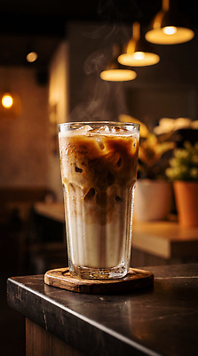 JPG 편집이미지 커피 음료 잔 카페 연기 맛 차가움 저녁 아이스커피 카페라떼 편집실사 AI컴퓨터그래픽 AI콘텐츠 식기 컨셉 상점 밤 야간 CG 라떼 파일형식