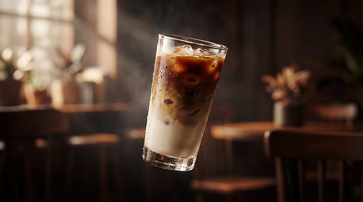 JPG 편집이미지 커피 음료 잔 실내 공중 카페 분위기 차가움 아이스커피 카페라떼 편집실사 AI컴퓨터그래픽 AI콘텐츠 식기 컨셉 내부 상점 CG 라떼 파일형식