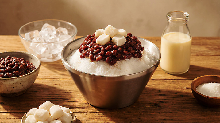 JPG 편집이미지 전통 음식 재료 탁자 디저트 한국 여름 얼음 우유 차가움 설탕 팥 팥빙수 편집실사 AI포토 AI콘텐츠 자연요소 계절 아시아 가구 유제품 CG 빙수 파일형식