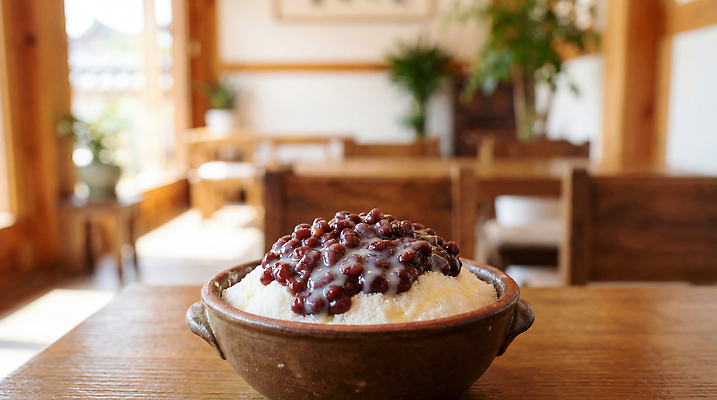 JPG 편집이미지 전통 음식 백그라운드 디저트 한국 카페 달콤 팥빙수 찹쌀떡 나무탁자 편집실사 AI포토 AI콘텐츠 아시아 탁자 떡 상점 맛 CG 빙수 파일형식