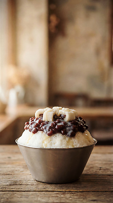 JPG 편집이미지 전통 그릇 음식 탁자 디저트 조명 떡 한국 여름 카페 빙수 팥빙수 단팥 편집실사 AI포토 AI콘텐츠 식기 계절 아시아 가구 상점 CG 파일형식