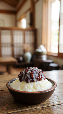 JPG 편집이미지 전통 음식 탁자 디저트 한국 여름 공간 카페 맛 빙수 팥 팥빙수 편집실사 AI포토 AI콘텐츠 계절 아시아 가구 컨셉 상점 CG 파일형식