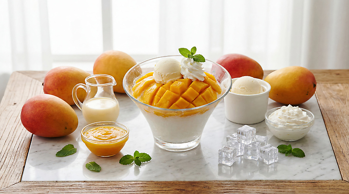 JPG 편집이미지 음식 과일 재료 아이스크림 디저트 실내 여름 시럽 빙수 망고 망고빙수 편집실사 AI포토 AI콘텐츠 계절 내부 CG 열대과일 파일형식