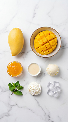 JPG 편집이미지 과일 재료 아이스크림 디저트 얼음 잼 민트 대리석 시럽 망고 망고빙수 편집실사 AI포토 AI콘텐츠 자연요소 음식 소스_음식 허브 CG 열대과일 빙수 파일형식