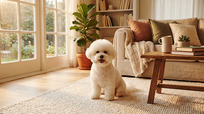 JPG 식물 편집이미지 행복 거실 책장 실내 반려동물 소파 햇빛 카펫 강아지 포근함 비숑프리제 편집실사 AI포토 AI콘텐츠 동물 감정 가구 의자 내부 빛 감각 개 CG 파일형식