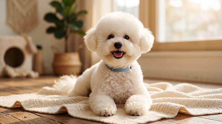 JPG 식물 동물 편집이미지 바닥 털 실내 웃음 반려동물 방 강아지 포근함 비숑프리제 편집실사 AI포토 AI콘텐츠 표정 내부 감각 개 CG 파일형식