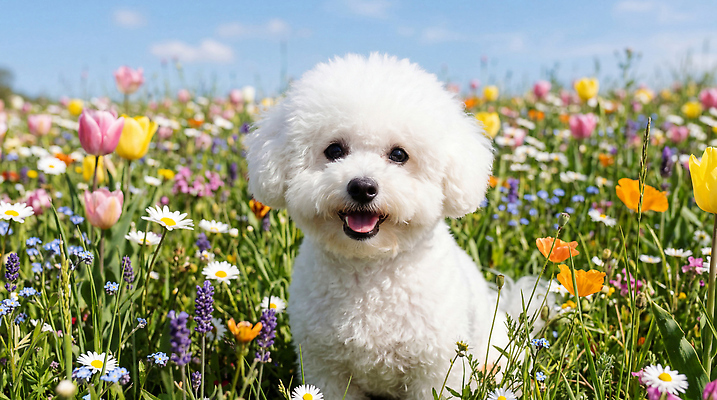 JPG 편집이미지 꽃 행복 컬러 모션 자연 하늘 웃음 풍경 초원 봄 강아지 비숑프리제 편집실사 AI포토 AI콘텐츠 식물 계절 감정 표정 반려동물 개 CG 생태계 파일형식