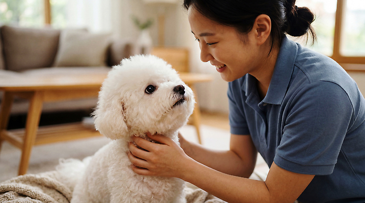 JPG 편집이미지 여자 반려견 거실 놀이 휴식 사랑 웃음 반려동물 개 강아지 의료성형뷰티 비숑프리제 편집실사 AI인물포토 AI콘텐츠 동물 감정 컨셉 포유류 표정 사람 CG 파일형식 AI포토