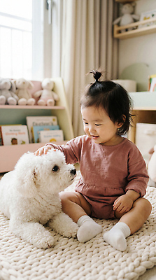 JPG 편집이미지 행복 가족 놀이 실내 웃음 책 반려동물 장난감 아기 개 놀기 의료성형뷰티 쓰다듬기 비숑프리제 편집실사 AI인물포토 AI콘텐츠 동물 감정 포유류 관계 모션 표정 사람 내부 CG 파일형식 AI포토