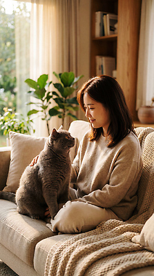 JPG 식물 동물 편집이미지 손 여자 대화 사랑 일상 친구 반려동물 소파 고양이 편안함 의료성형뷰티 쓰다듬기 브리티쉬숏헤어 편집실사 AI인물포토 AI콘텐츠 감정 의자 포유류 관계 모션 말하기 사람 라이프 신체부위 감각 CG 파일형식 AI포토