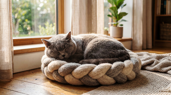 JPG 식물 동물 편집이미지 집안 실내 반려동물 햇빛 고양이 침대 편안함 창가 나무바닥 브리티쉬숏헤어 편집실사 AI포토 AI콘텐츠 가구 창문 포유류 바닥 내부 빛 감각 CG 파일형식