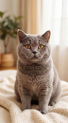 JPG 동물 편집이미지 창 포즈 털 실내 앉기 빛 귀여움 고양이 방 눈 편안함 담요 브리티쉬숏헤어 편집실사 AI포토 AI콘텐츠 무기 컨셉 포유류 모션 내부 반려동물 감각 CG 파일형식