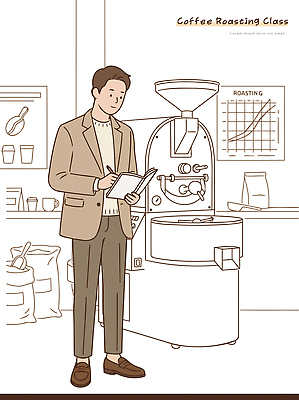 직업 교육 커피 음료 컨셉 사람 내부 상점 커피용품 파일형식 벡터 로스팅 수업 남자 자료 장비 원두 실내 학습 커피메이커 카페 기술 과정 작업실 전문직 국내일러스트 AI파일 일러스트