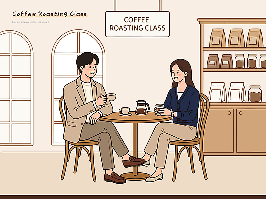 식기 교육 감정 커피 음료 가구 말하기 사람 상점 커피용품 파일형식 벡터 로스팅 클래스 남자 여자 탁자 컵 커피메이커 대화 즐거움 수업 카페 모임 원두 국내일러스트 AI파일 일러스트