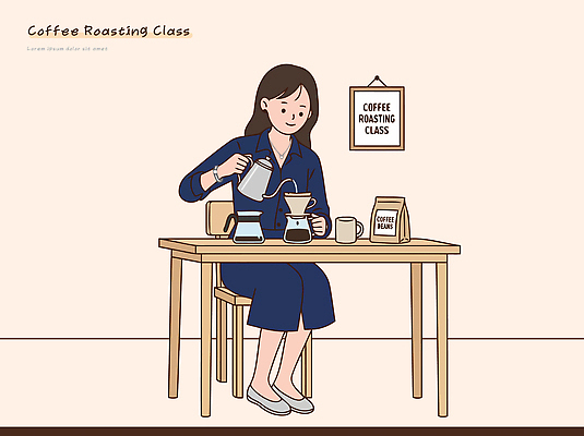 여자 커피 음료 일러스트 재료 모션 탁자 수업 취미 학습 카페 도구 향 로스팅 국내일러스트 AI파일 교육 가구 사람 상점 파일형식 벡터