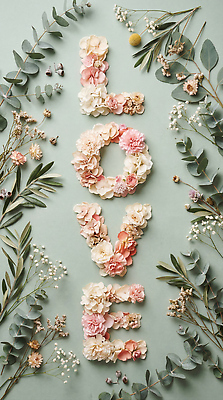 JPG 식물 편집이미지 문자 디자인 꽃잎 꽃 사랑 이벤트 타이포그라피 장식 조화 레터링 편집실사 AI포토 AI콘텐츠 감정 CG 파일형식