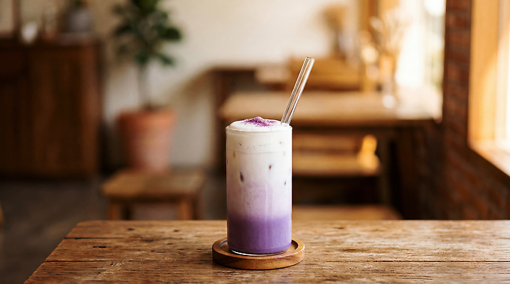 JPG 편집이미지 음료 디저트 잔 유행 보라색 거품 카페 차가움 조용 나무탁자 편집실사 AI포토 AI콘텐츠 우베 우베라떼 식기 음식 컬러 탁자 상점 CG 라떼 파일형식